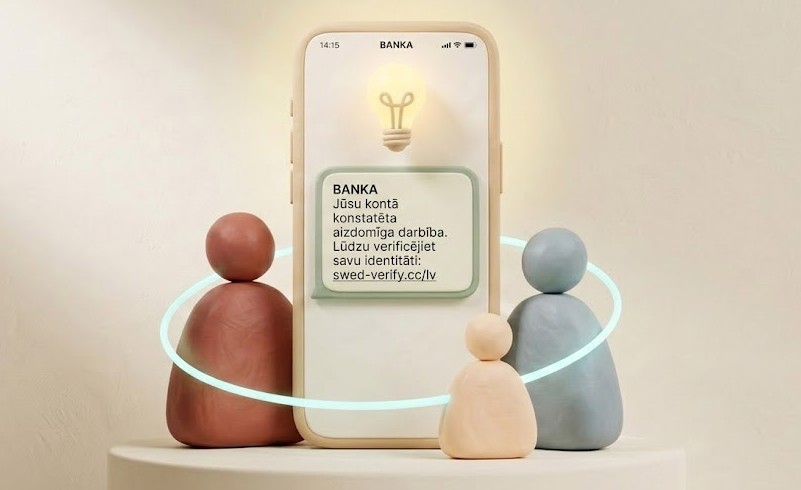 Telefons ar krāpniecisku SMS ziņojumu un ģimenes figūriņas — securIT Ģimene aizsargā Jūsu tuviniekus